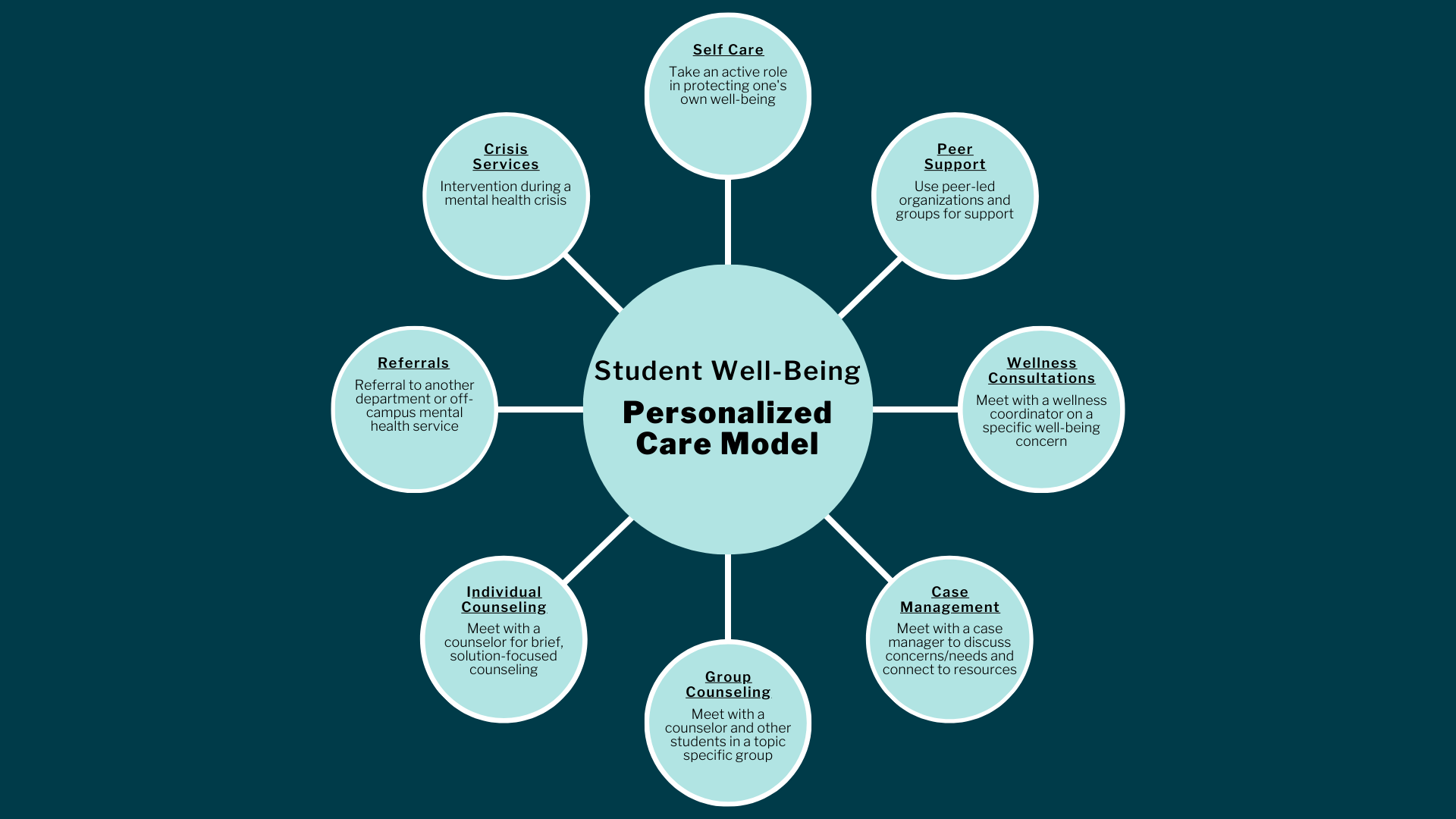 big circle in the middle says personalized care model. 8 circles are surrounding, each highlighting a different resource. self care, peer support, wellness consultations, case management, group counseling, individual counseling, referrals, crisis services